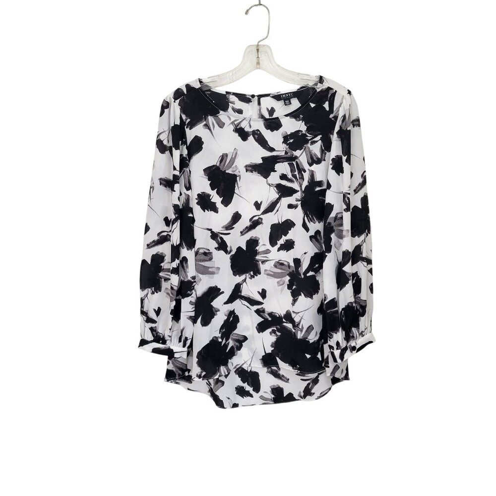 IMNYC Isaac Mizrahi Womens Black & White Floral Long Sleeve Blouse M - Picture 4 of 4